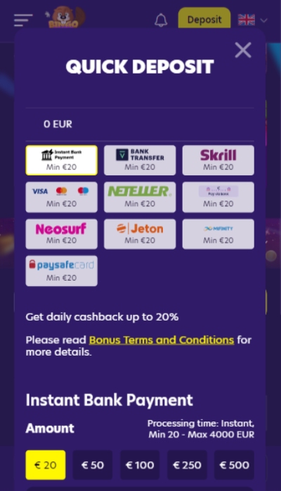 Bingo Bonga Deposit Mobile
