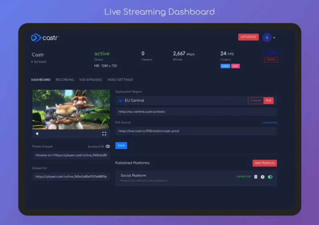 live streaming dashboard - castr