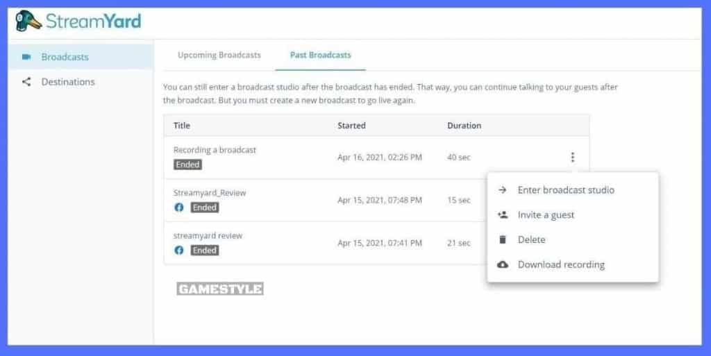 StreamYard Past broadcast