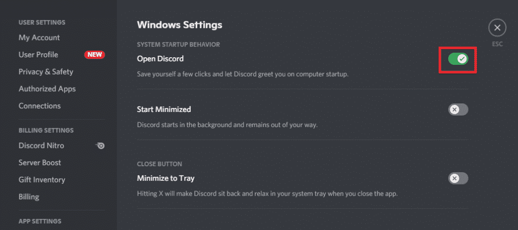 Check the box next to Open Discord