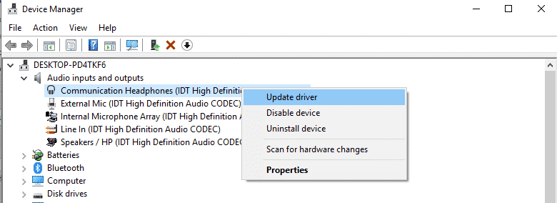 Expand the Audio inputs and outputs drivers lis