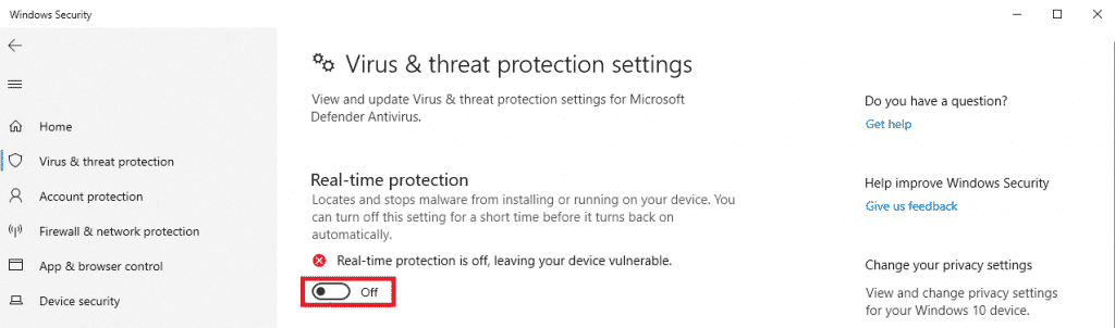Turn off‘Real-Time Protection