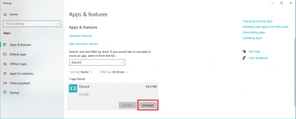 Uninstall Discord from Add or Remove Programs