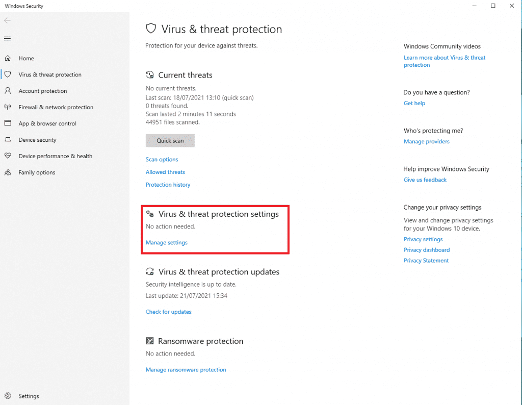 Virus and Threat Protection Settings