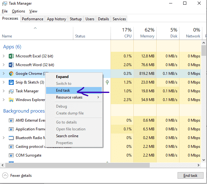 select the End Task option