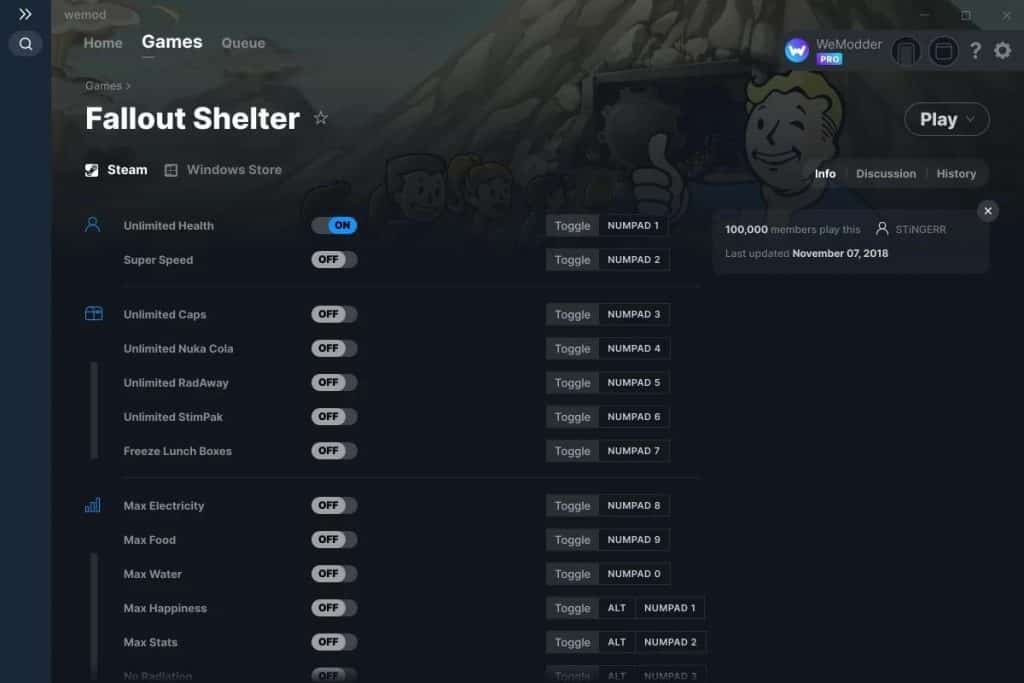 WeMod cheats for Fallout Shelter