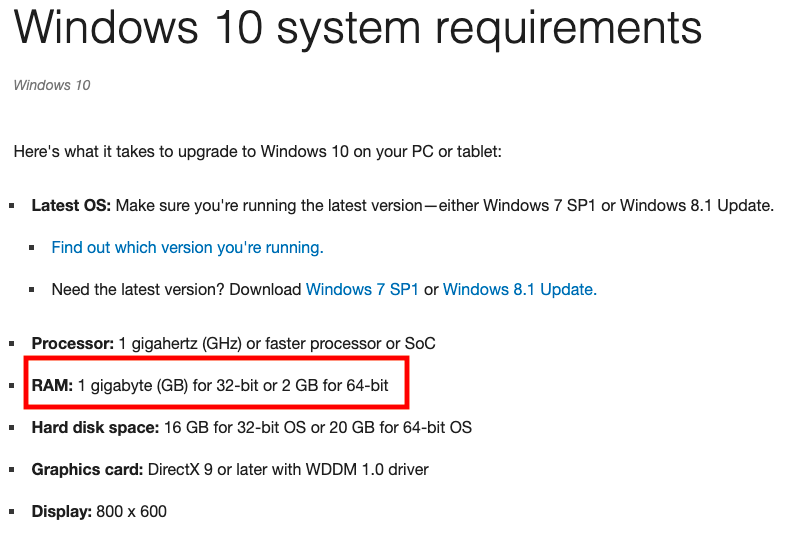 Windows 10 RAM requirements