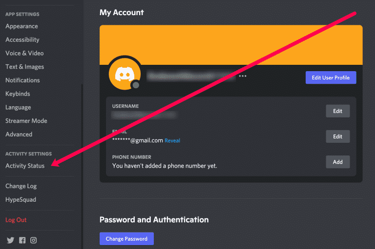 Click on Activity Status in discord