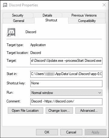 Discord executable properties dialog box
