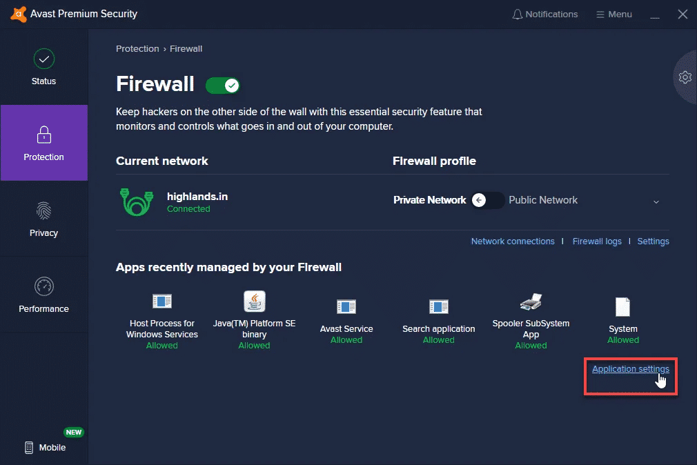 Firewall in Avast Antivirus