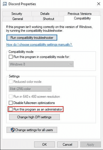 Run as administrator option in Discord executable properties dialog box