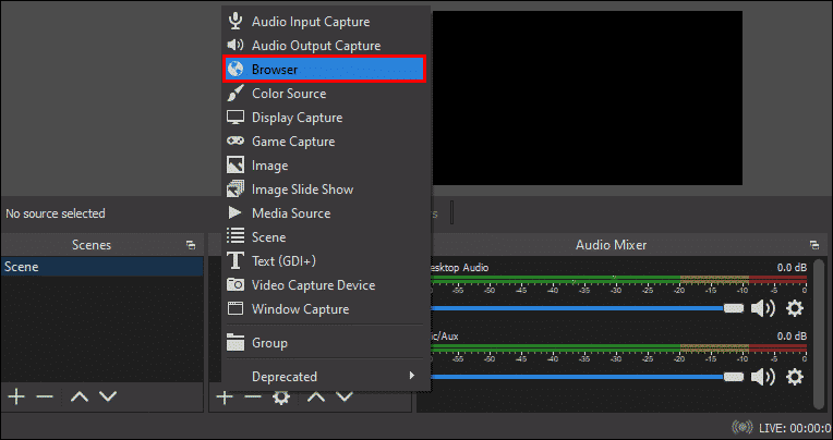 Select Browser from OBS menu