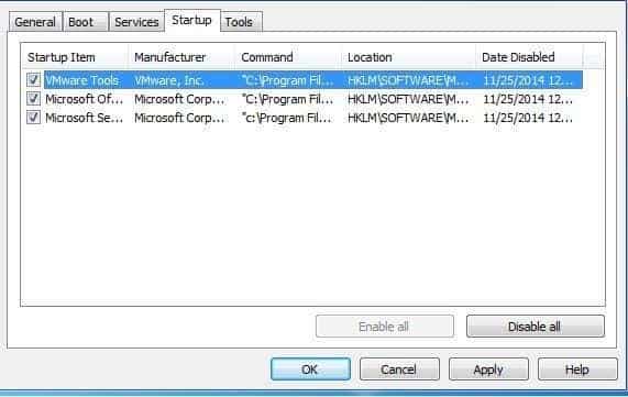 Startup tab at msconfig