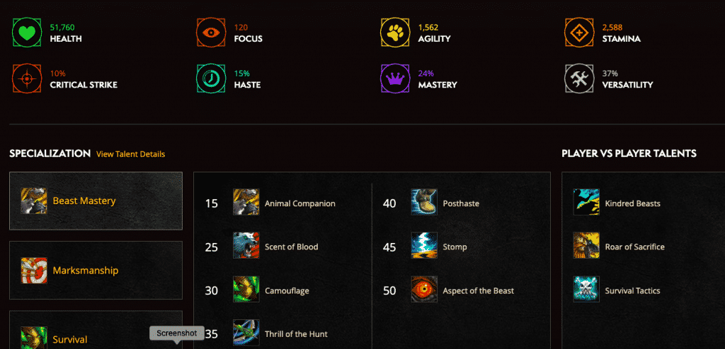 WoW Characters stats and skills