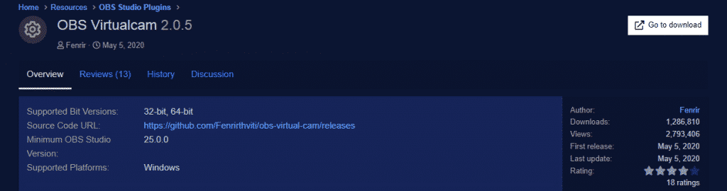 download the OBSVirtualCam Plugin