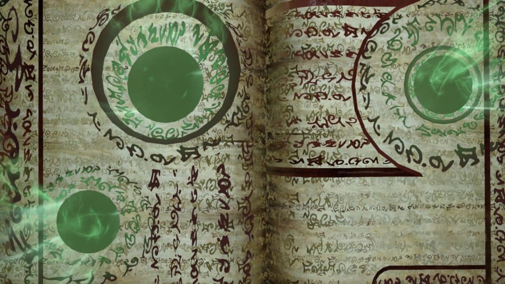 green sphere hovering above the book