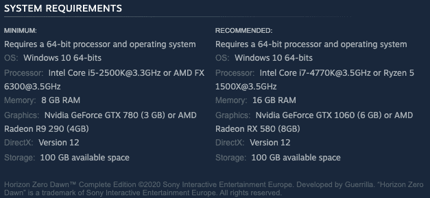 system requirements for horizon zero dawn