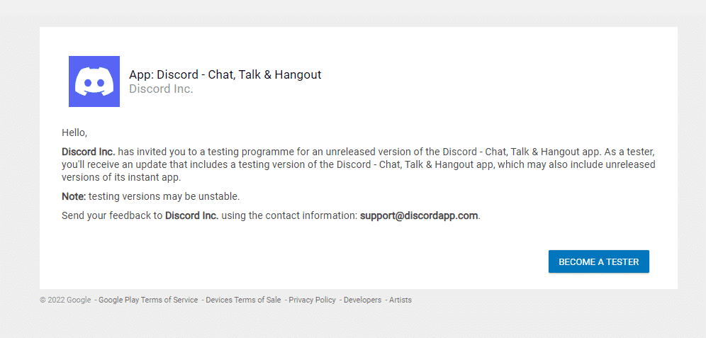 Become a Tester at Discord Alpha page