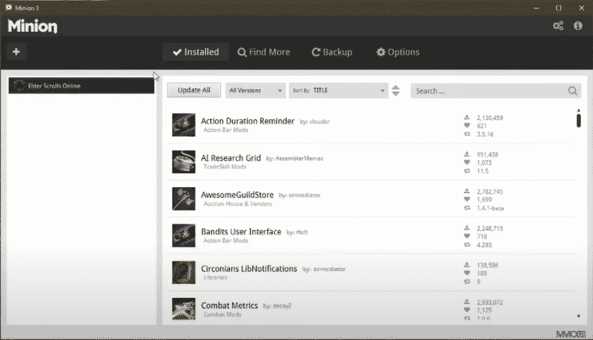 Elder Scrolls Online visible in the left pane of Minion