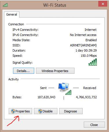 Properties button in network status