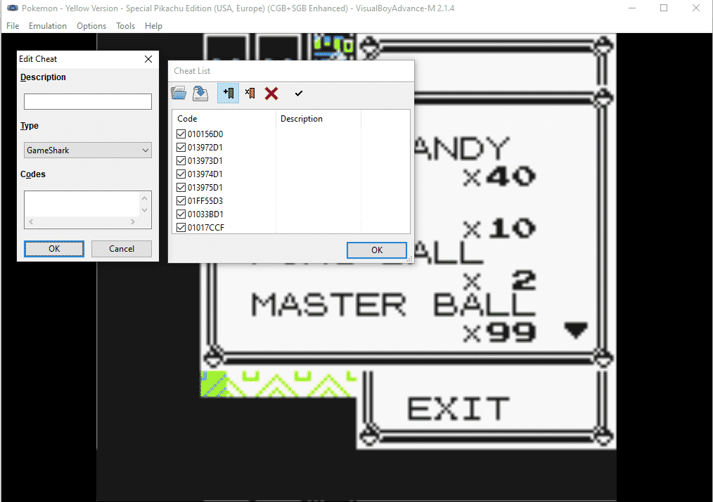 add Pokemon Yellow cheat codes to Cheat list