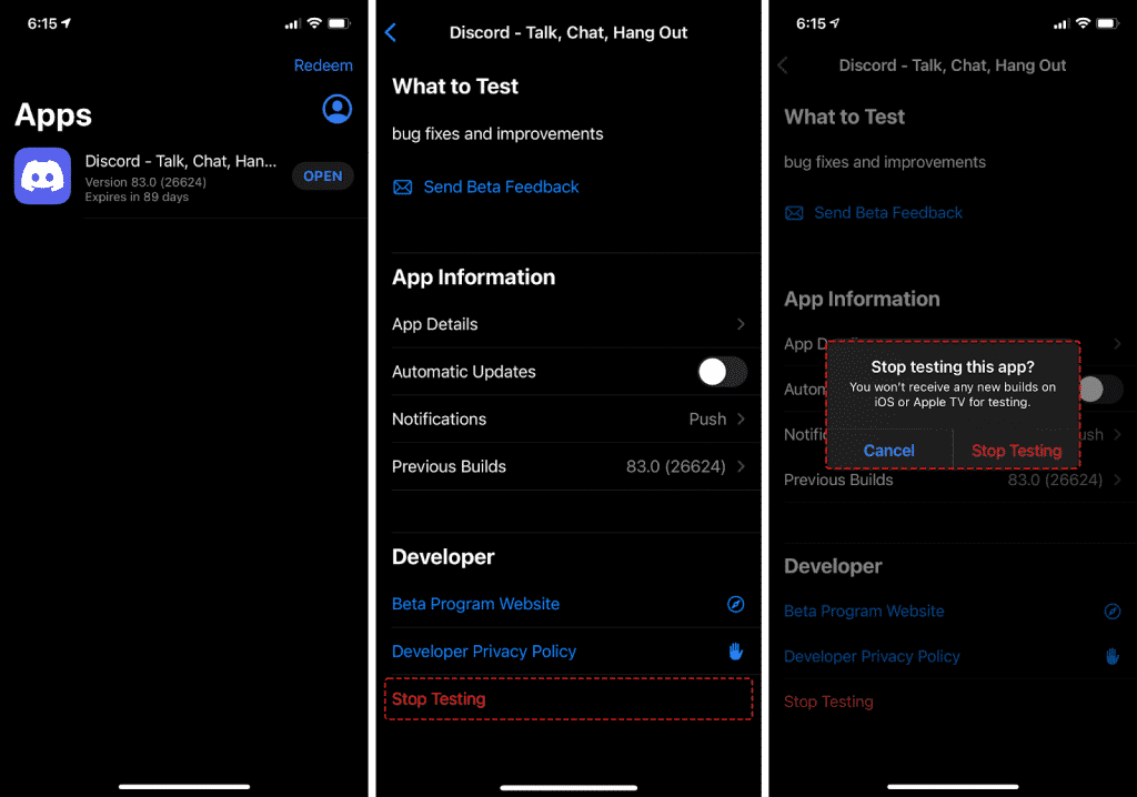 tap the Stop Testing link