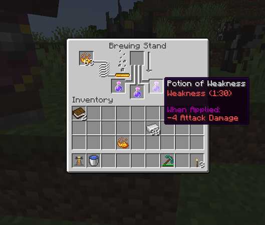 3 potions of weakness collect from the brewing menu