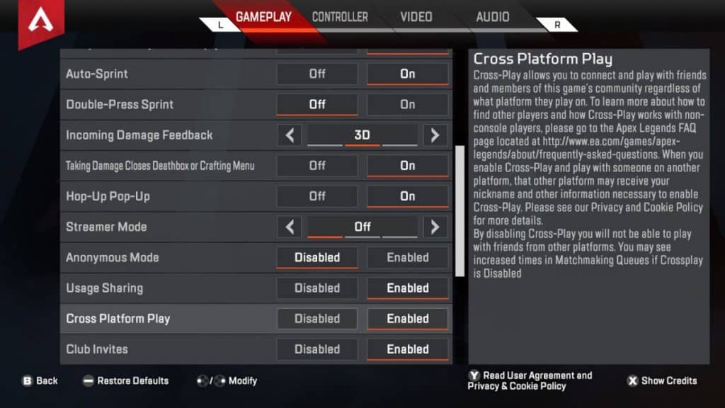 Toggle On/Off Apex Crossplay