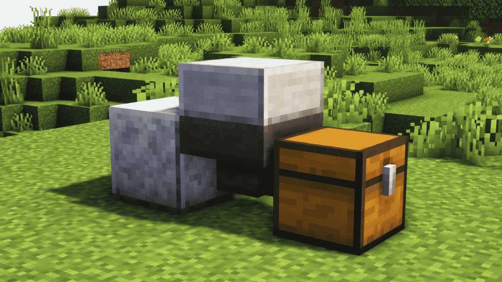 place chest, hopper, and building block in a straight line