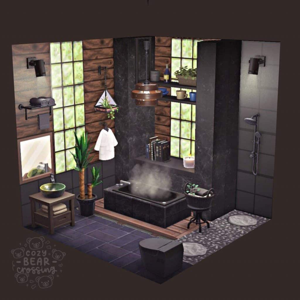 black and dark wood interior bathroom animal crossing