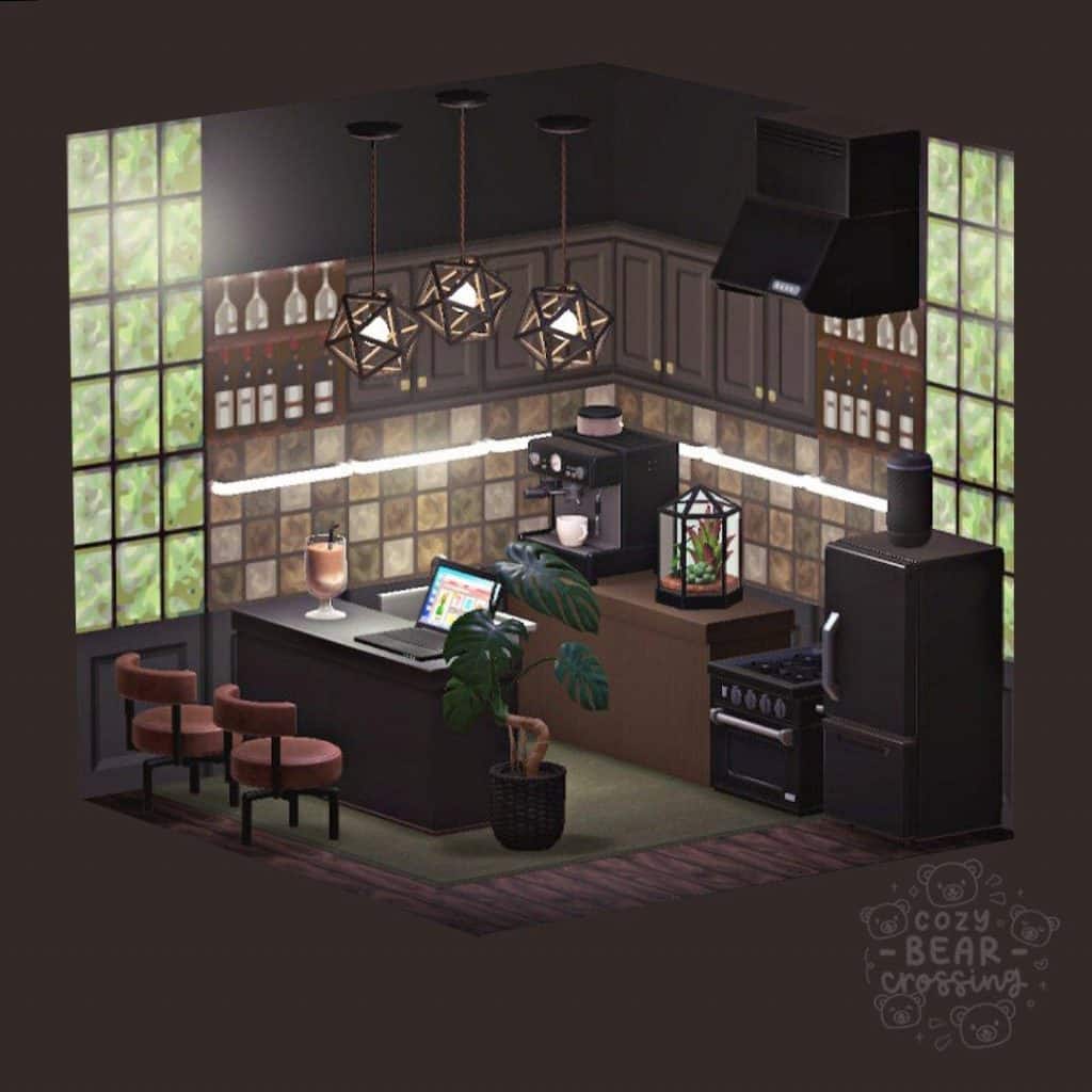 black and dark wood kitchen animal crossing