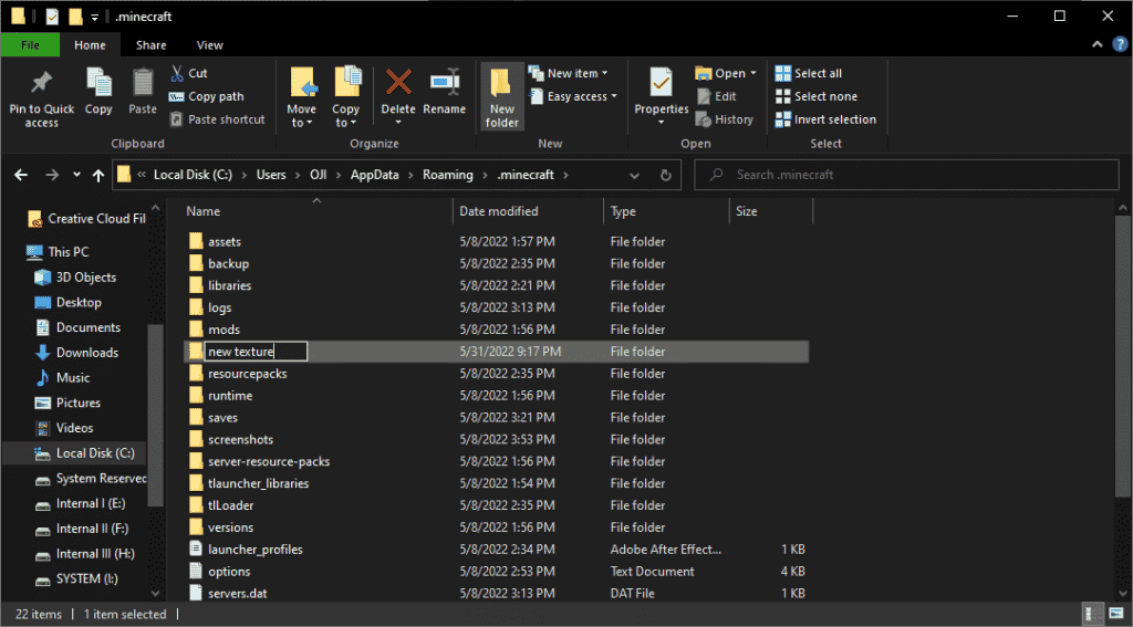 create a new folder in minecraft folder
