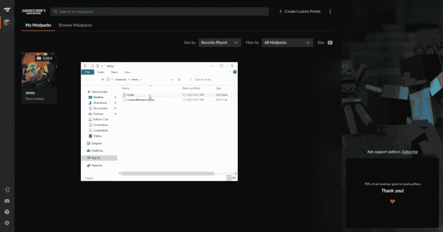 enter mod folder in janny profile in curseforge minecraft
