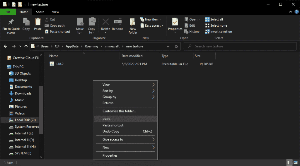 paste the jar file in minecraft
