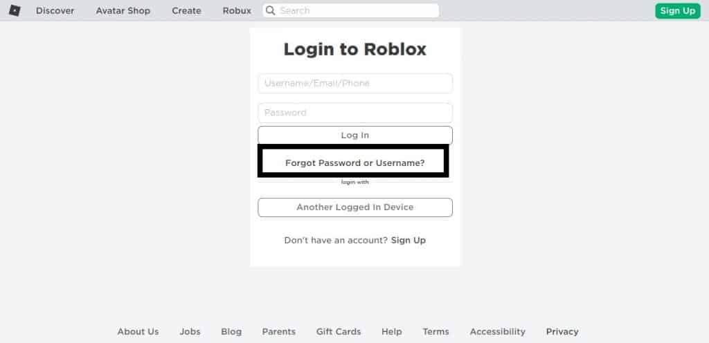 forgot password or username roblox