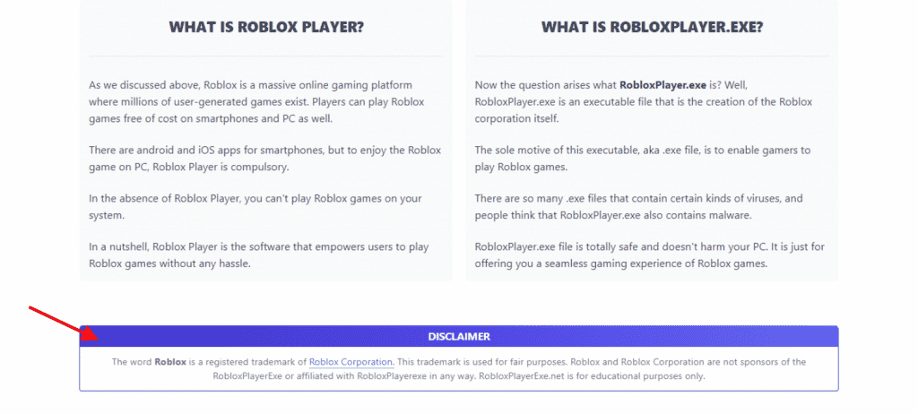 robloxplayerexe.net non-affiliation to roblox