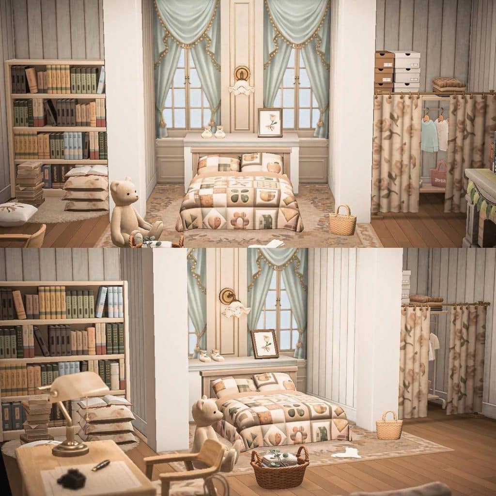 animal crossing bedroom with a curtain closet ideas