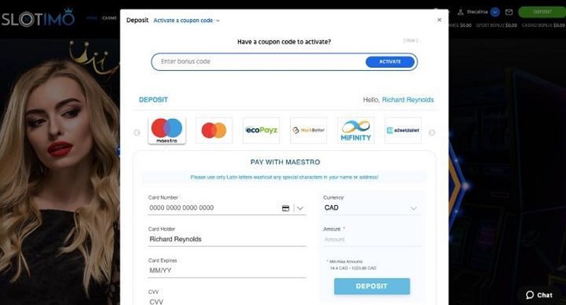 Slotimo deposit funds