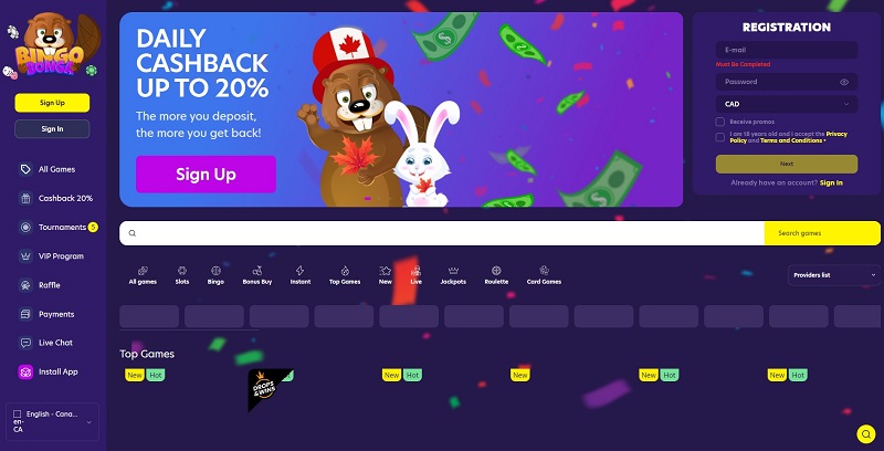 bingo bonga homepage canada