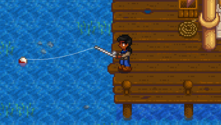 Stardew Valley New Fishing Trick, a 2D man fishing from a port