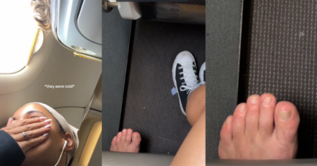 tickled by barefoot passenger on flight